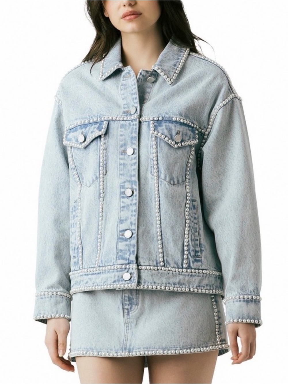 Blank NYC Light Wash Pearl-Trim Denim Jacket
